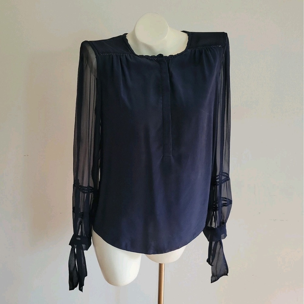 Rebecca Taylor Silk Charmeuse Blouse 8 Navy Blue Half Button Front Chic Feminine